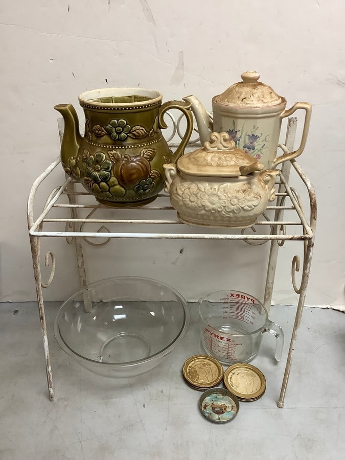 Pyrex glass measuring cup, Royal Sealy vase, white organizer rack(20.5in.tall), and more (1 of 1)