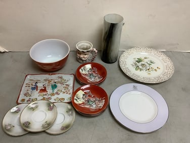 Various mugs, drinking glasses, and candleholders(tallest 8.75in.)