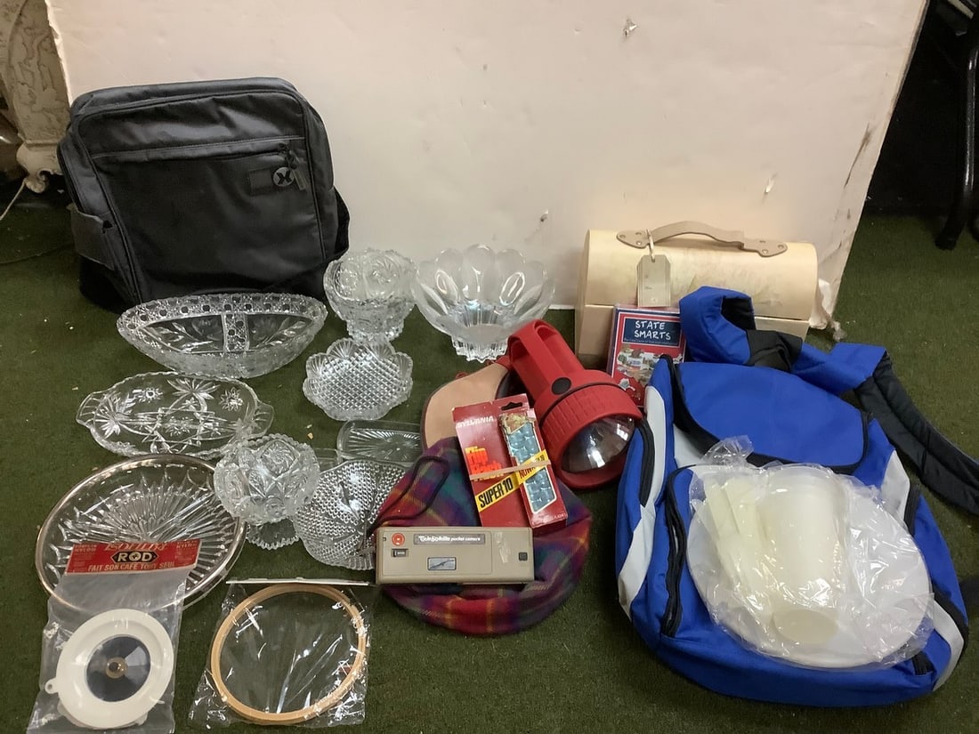Glass Dishes/Bowls (Tallest - 5in), Backpack, Telestyle Lite Pocket Camera, Empty Sewing Box and (1 of 1)