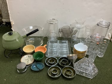 Vintage utensils, glass candy dish(3.25in.tall,6in.across), ashtrays, and more