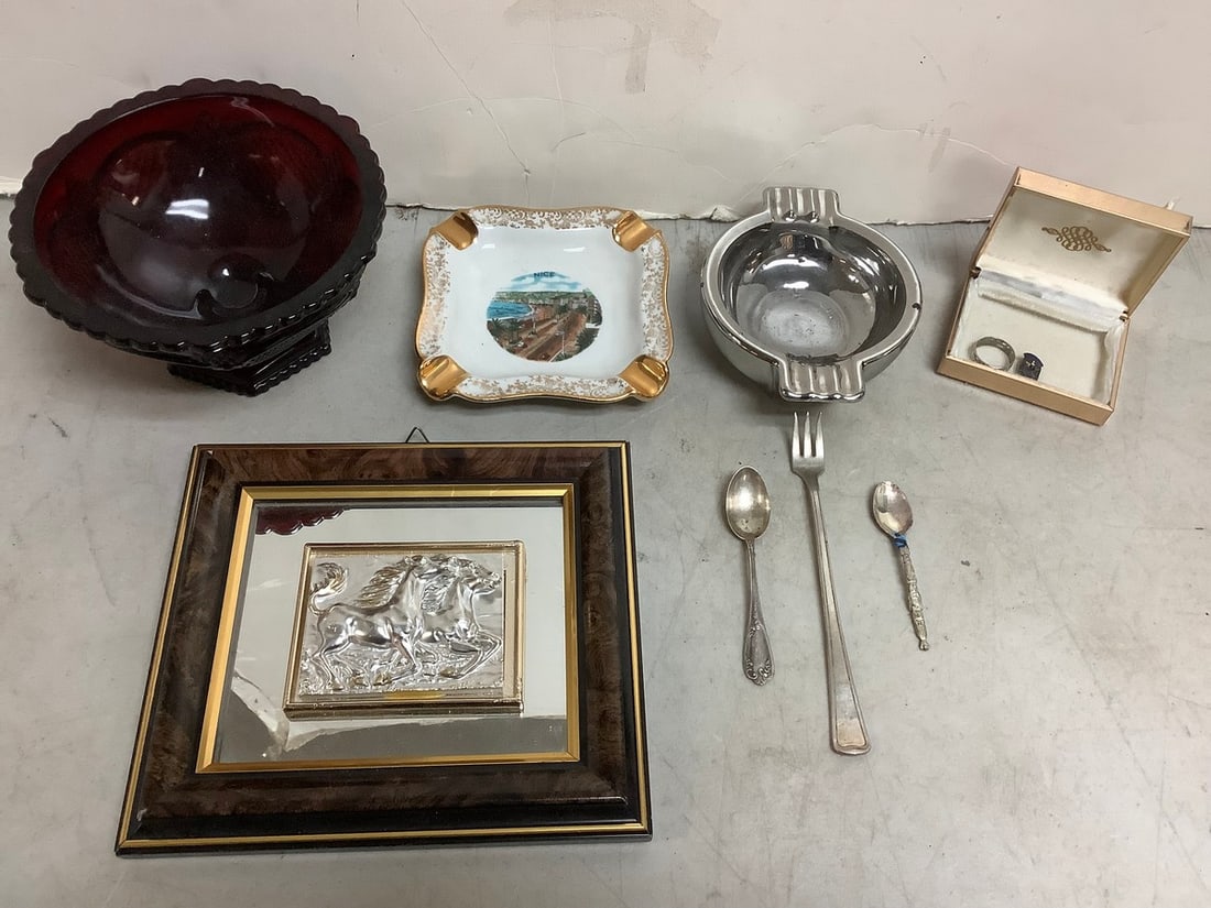 Vintage utensils, glass candy dish(3.25in.tall,6in.across), ashtrays, and more (1 of 1)