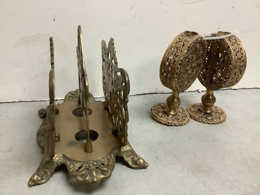 Antique perfume bottle bases, brass napkin holder (7.5in.tall) and more