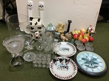 Vintage Zwiebelberger Bowling stein(8.75in.tall), clown statue, crystal drinking glass, and more
