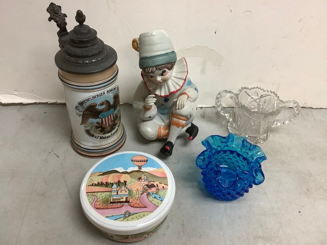 Vintage Zwiebelberger Bowling stein(8.75in.tall), clown statue, crystal drinking glass, and more (1 of 1)