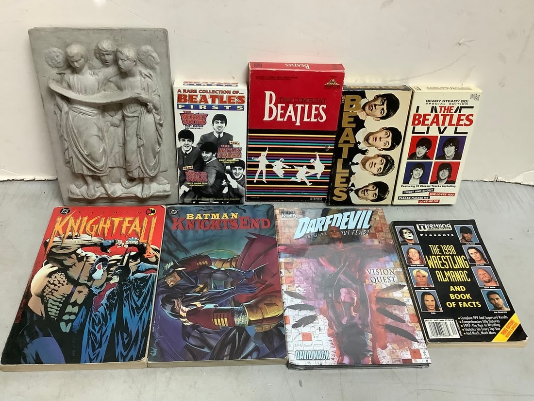 Decorative Wall Plaque (10.5inx7in), The Beatles VHS Tapes, and Books (Batman Knights End, (1 of 1)