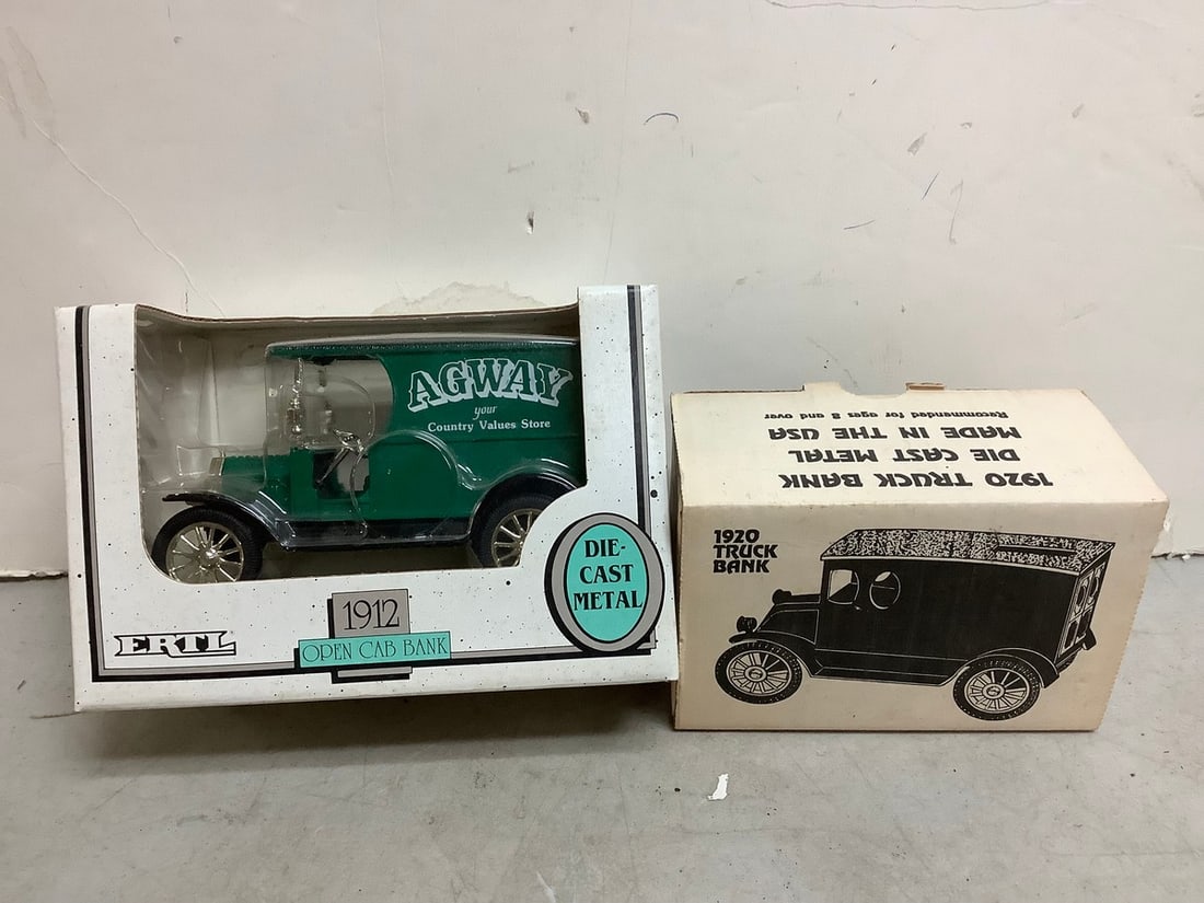 Vintage die cast metal 1920 truck bank and 1912 open car bank (1 of 1)