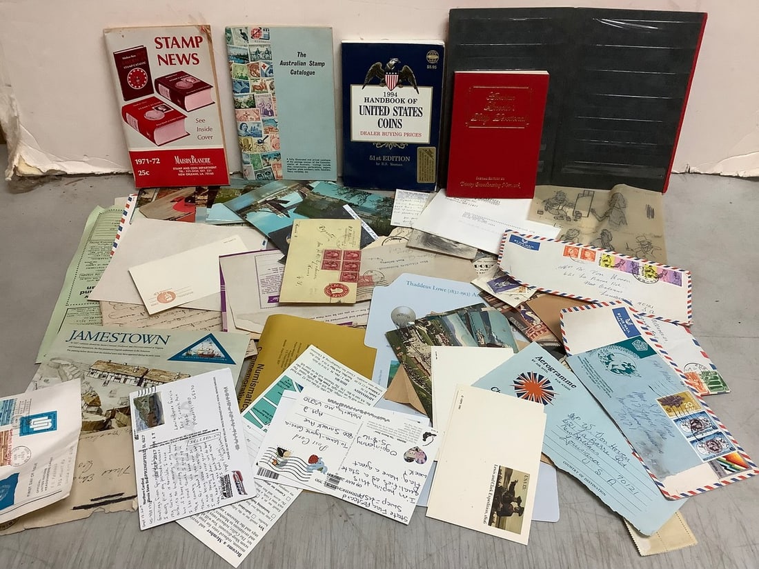 Vintage postcards and various coin/stamp collectors books: Vintage postcards and various coin/stamp collectors books