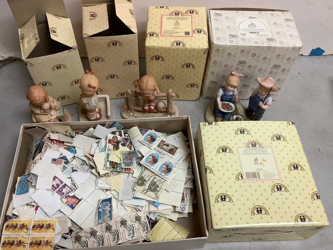 Decorative Statues(enesco, Precious Moments) And Vintage Stamps Auction