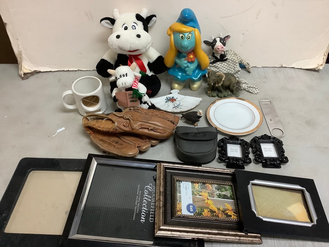 Empty photo frames, Smurfette statue(11in.tall), Rawhide lace baseball mitt, dolls, and more (1 of 1)