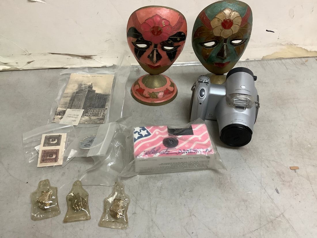 Vintage Cameras (Minolta and more), Stamps, Pendants, Brass Mask Decor(Tallest - 6.75in): Vintage Cameras (Minolta and more), Stamps, Pendants, Brass Mask Decor(Tallest - 6.75in)