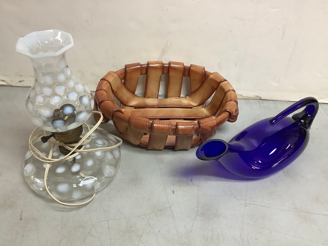 Blue Glass, Ceramic Basket, Glass Lamp (Tallest - 11.5in) (1 of 1)