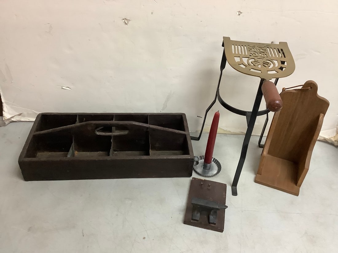 Antique Brass Hand Forge Sad Iron Trivet, Wooden Organizer and more (Tallest - 14in): Antique Brass Hand Forge Sad Iron Trivet, Wooden Organizer and more (Tallest - 14in)