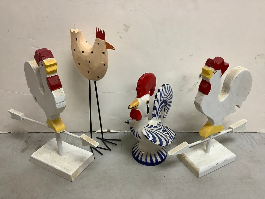 Rooster statues(mostly wooden, one ceramic-tallest 11in.): Rooster statues(mostly wooden, one ceramic-tallest 11in.)