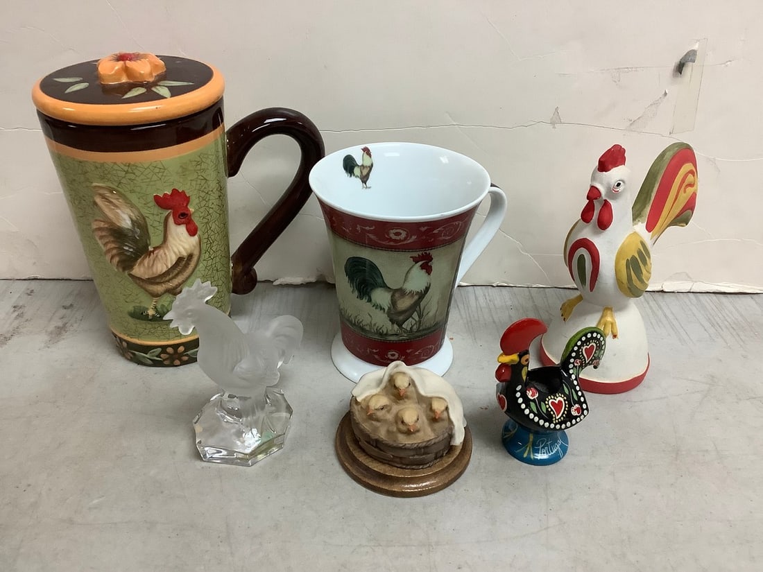 Rooster mug, ceramic container with lid, and statues(6.5in.tallest) (1 of 1)