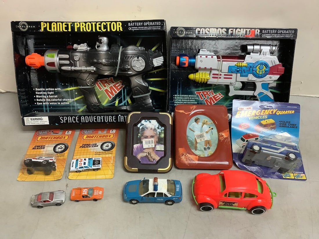 Space Explorer toy guns(Planet Protector, Cosmos Fighter), Chevy Blazer diecast matchbox, and more: Space Explorer toy guns(Planet Protector, Cosmos Fighter), Chevy Blazer diecast matchbox, and more