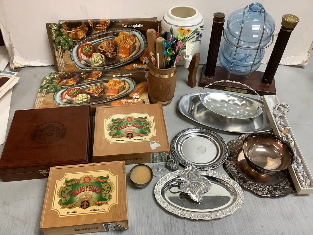 Various plates(Cromargan, Wallace, etc.), Crown Royal bottle holder stand, vintage cigar boxes, and (1 of 1)