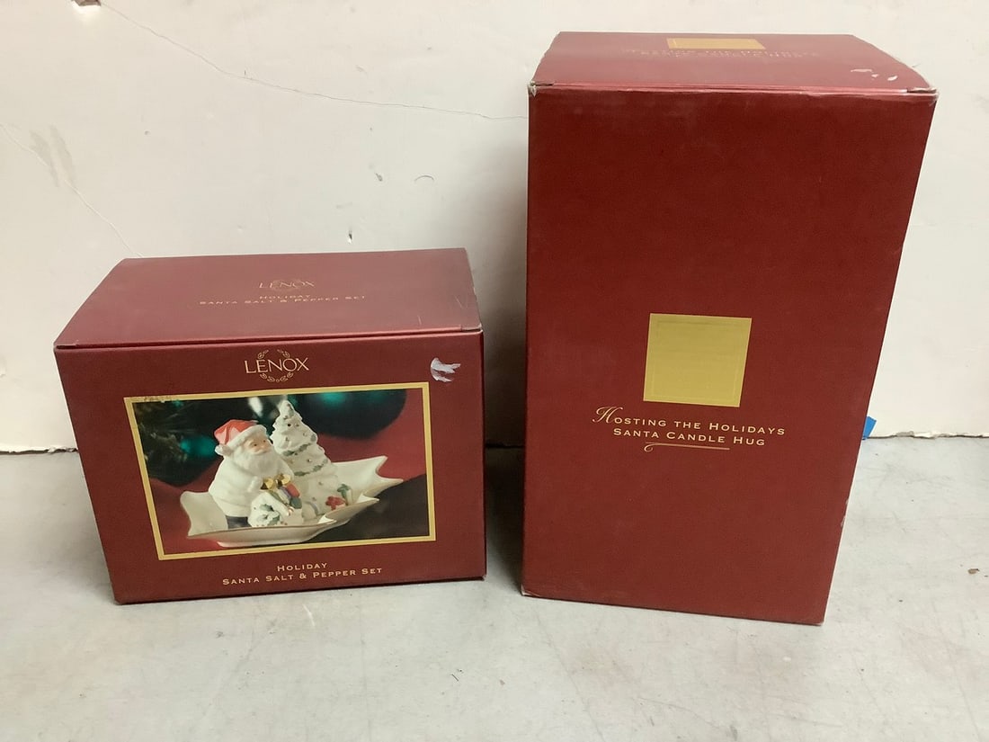 Lenox Holiday Santa salt/pepper set and Hosting the Holidays Santa Candle Hug(new in package): Lenox Holiday Santa salt/pepper set and Hosting the Holidays Santa Candle Hug(new in package)