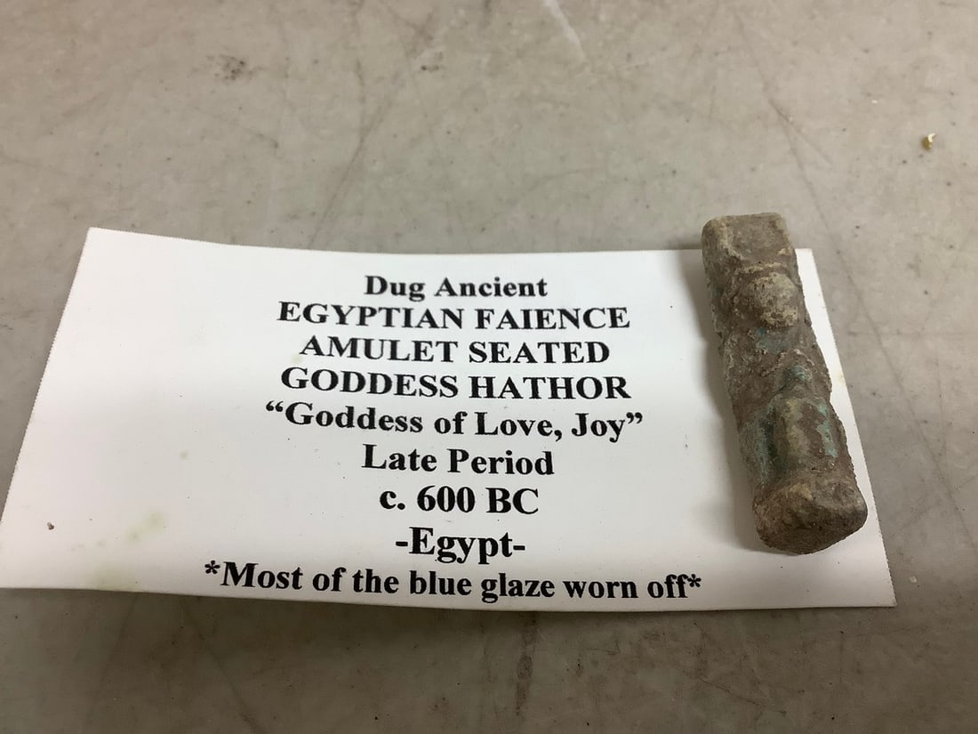 Dug Ancient Egyptian Faience Amulet Seated Goddess Hathor "Goddess of Love, Joy", Late Period (1 of 1)