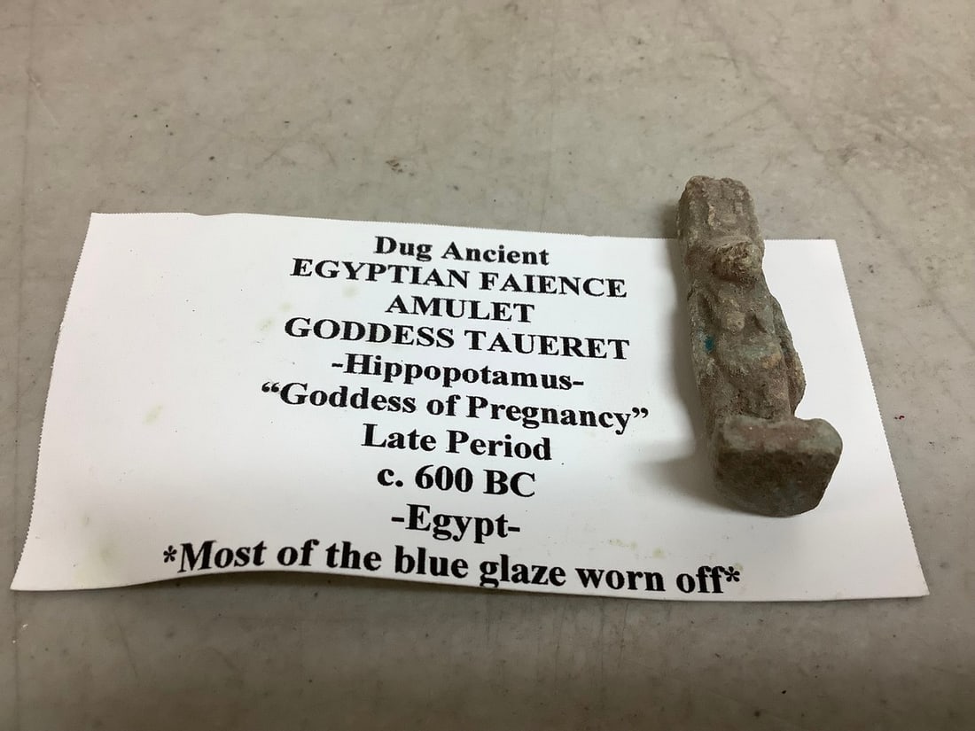 Dug Ancient Egyptian Faience Amulet Goddess Taueret "Goddess of Pregnancy"(Late Period: Dug Ancient Egyptian Faience Amulet Goddess Taueret "Goddess of Pregnancy"(Late Period c.600BC-1.75in.long)