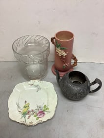 Simpsons Ceramic Plate, Roseville Vase *small chip* (9.25in Tall), Glass Bucket, and more