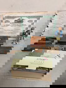 Ceramic Statue(6.75in Tall), Wooden Box, Vintage Bandage, Stock Booklet, and more