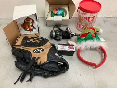 Christmas Ornaments, Fishing reel, Baseball Mit, Elf Headband, and more