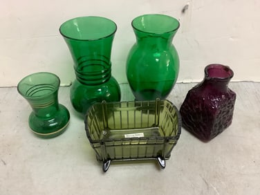 Green Glass Vases, Cradel and more (Tallest - 6.5in)