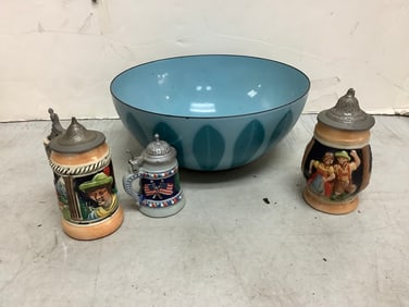 Various Small Steins (Tallest - 4.25in) and Metal Bowl