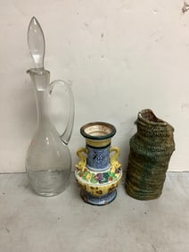 Glass Decanter(16in Tall) and Pottery Vases
