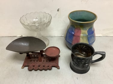 Pottery Vase (6.75in Tall), Vintage Scale, Glass Serving Bowl and more