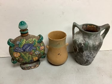 Hand Painted Decanter (10.75in Tall) and Vases