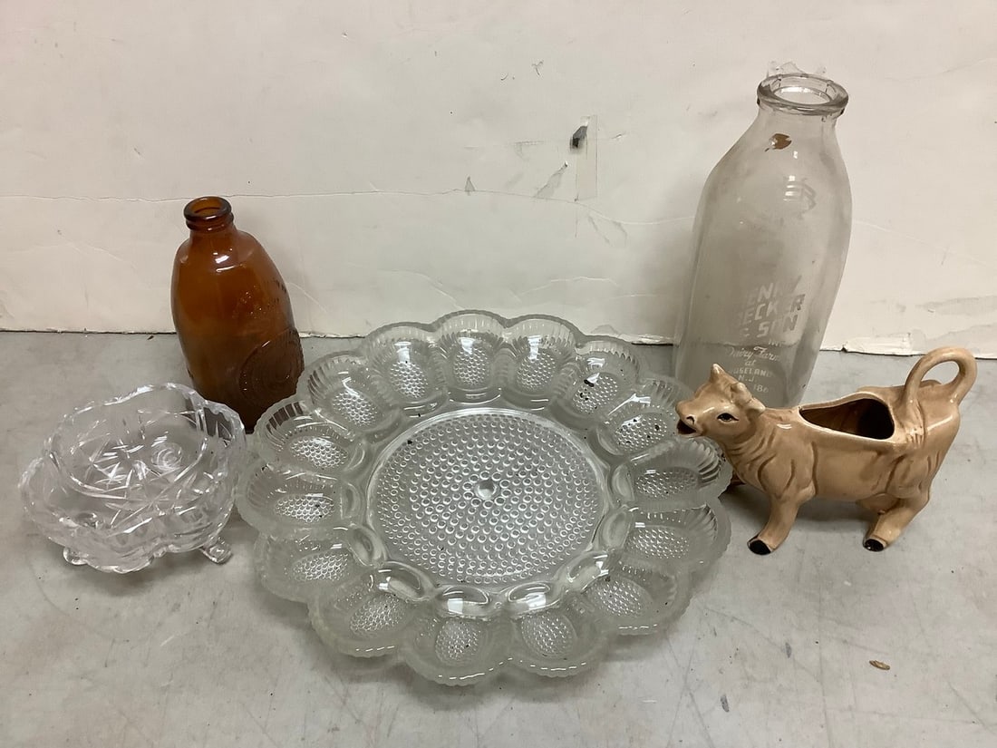 Glass Egg Dish, Cow Pitcher, Glass Bottles, and more (Tallest - 9in): Glass Egg Dish, Cow Pitcher, Glass Bottles, and more (Tallest - 9in)