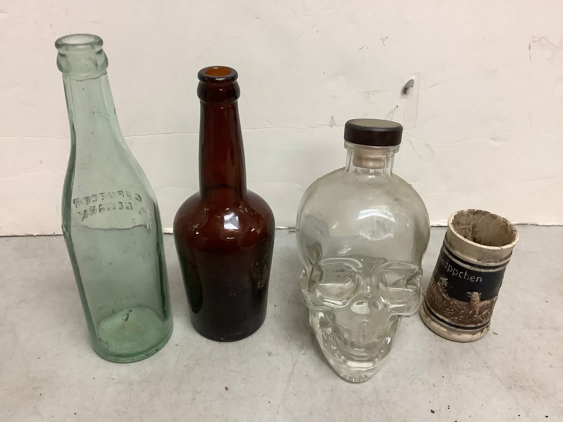 Glass Bottles, Stein and Skull Decanter (Tallest - 9.5in): Glass Bottles, Stein and Skull Decanter (Tallest - 9.5in)