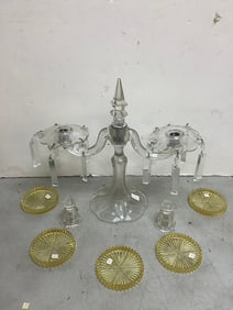 Decorative crystal glass candleholders(13.5in.tall), small glass dishes, and small glass