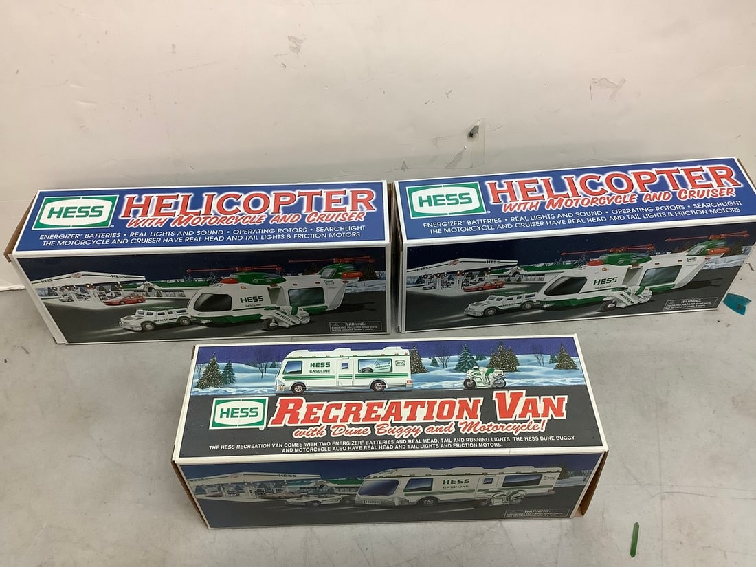 HESS Helicopter with motorcycle and cruiser(2 total) and HESS Recreation Van: HESS Helicopter with motorcycle and cruiser(2 total) and HESS Recreation Van