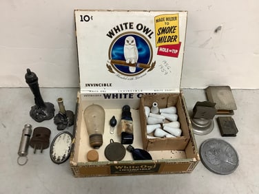 White Owl cigar box,(8.5in.x6in.x2.5in.) full of vintage items
