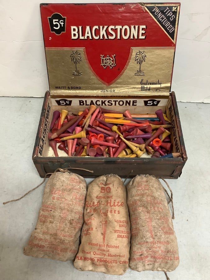 Blackstone cigar box(8in.x5in.x2.5in.) with vintage golf tees (1 of 1)