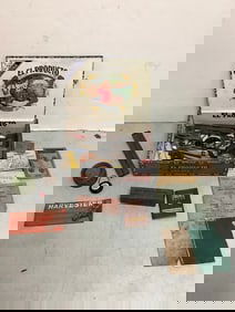 El Producto Corona cigar box(9in.x6.25in.x2.5in.) full of vintage items(1949 auto license and more)