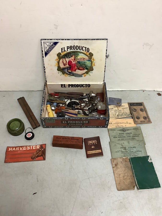 El Producto Corona cigar box(9in.x6.25in.x2.5in.) full of vintage items(1949 auto license and more) (1 of 1)