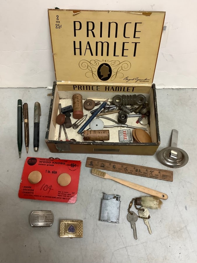 Prince Hamlet cigar box full(8.75in.x5.75in.x2.5in.) of vintage items(wooden ruler, lighter, and (1 of 1)