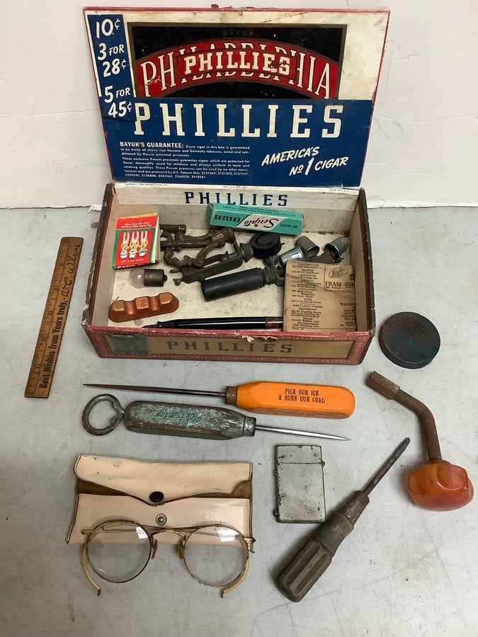 Phillies cigar box(9in.x5.75in.x2.75in.)full of vintage items(glasses, matches, lighter, and more (1 of 1)
