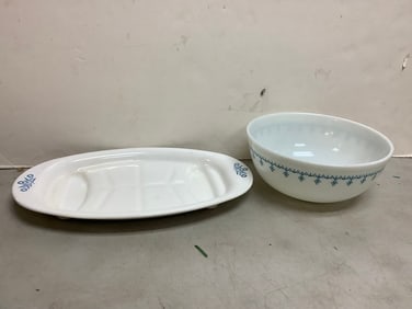 Pyrex bowl(4.5in.tall, 10.5in.across)and Corngingware plate
