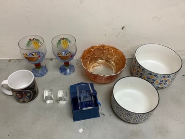 Decorative bowls, reindeer drinking glasses(6.25in.tall), and more