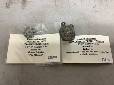 Excavated Ancient Roman Bronze Enameled Brooch and Roman Bronze Belt Mount