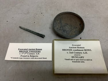 Excavated Ancient Roman Bronze Tweezers (c.1st-3rd Century A.D.) and Ancient Roman Bronze condiment