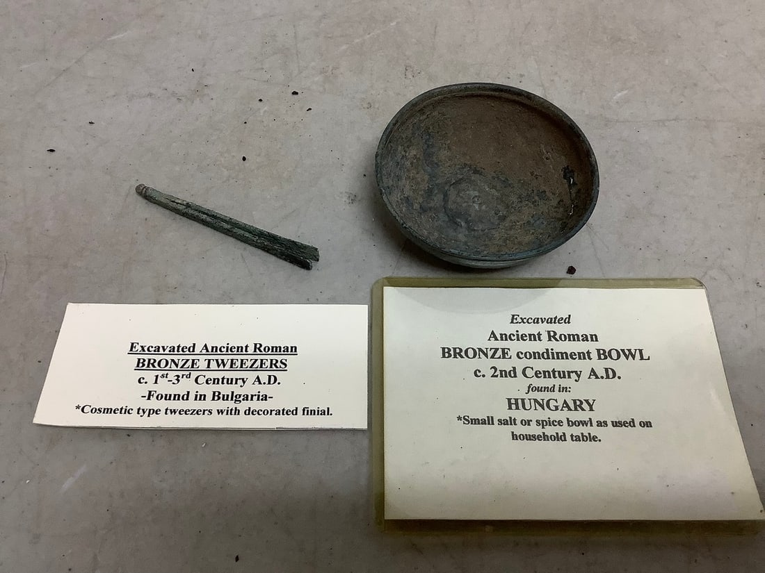 Excavated Ancient Roman Bronze Tweezers (c.1st-3rd Century A.D.) and Ancient Roman Bronze condiment (1 of 1)