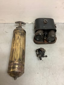 Brass bincoluars, fishing reel, brass fire extinguisher, and more