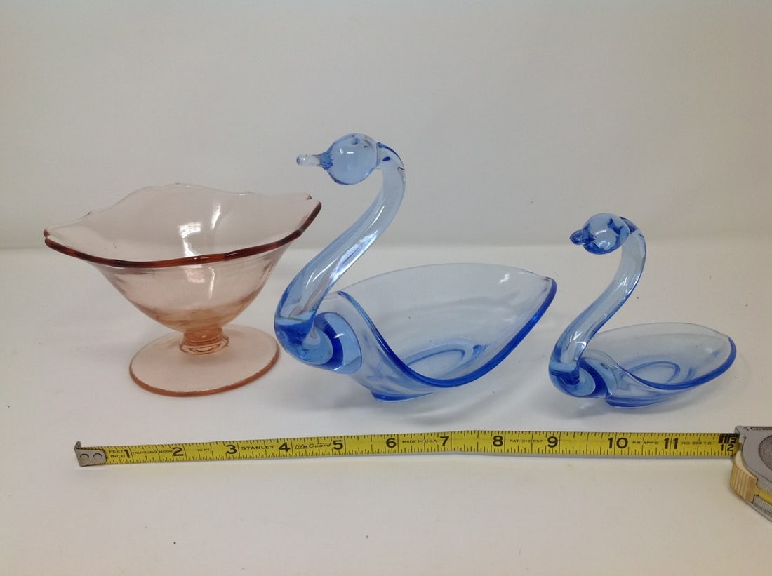 Lot of 3 – 2 Blown Glass Swan Dishes and 1 Glass Candy Dish (1 of 1)