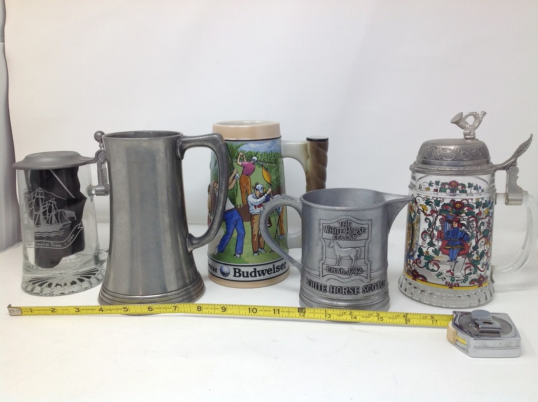 Lot of 5 puter, glass,ceramic mugs (1 of 1)