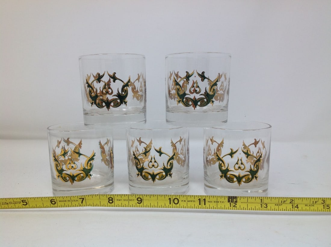 Gold and Green Filigree cocktail, set of 5 glasses, mcm Rocks glasses: Gold and Green Filigree cocktail, set of 5 glasses, mcm Rocks glasses